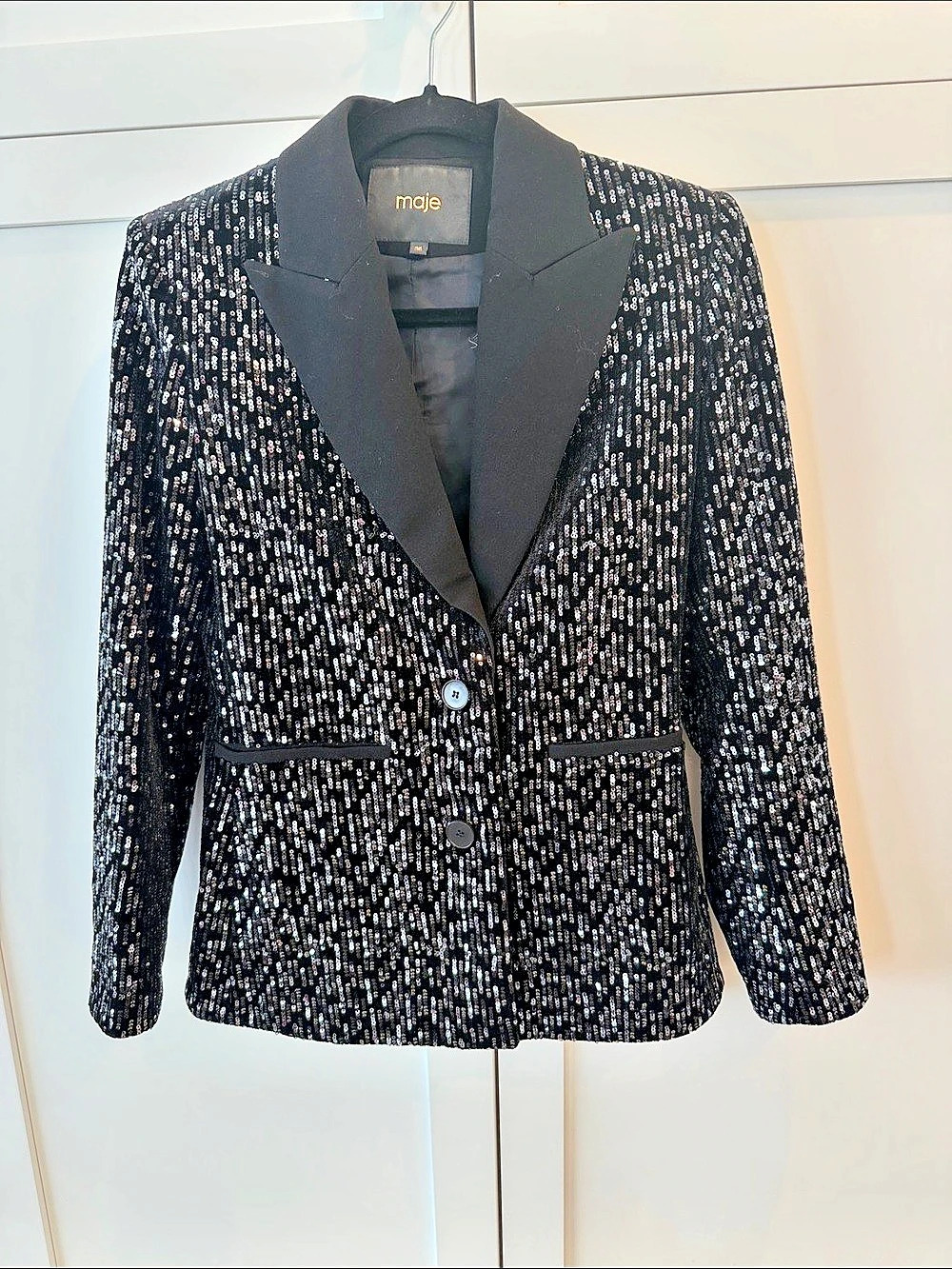 maje Black Sequin Blazer With Satin Trim